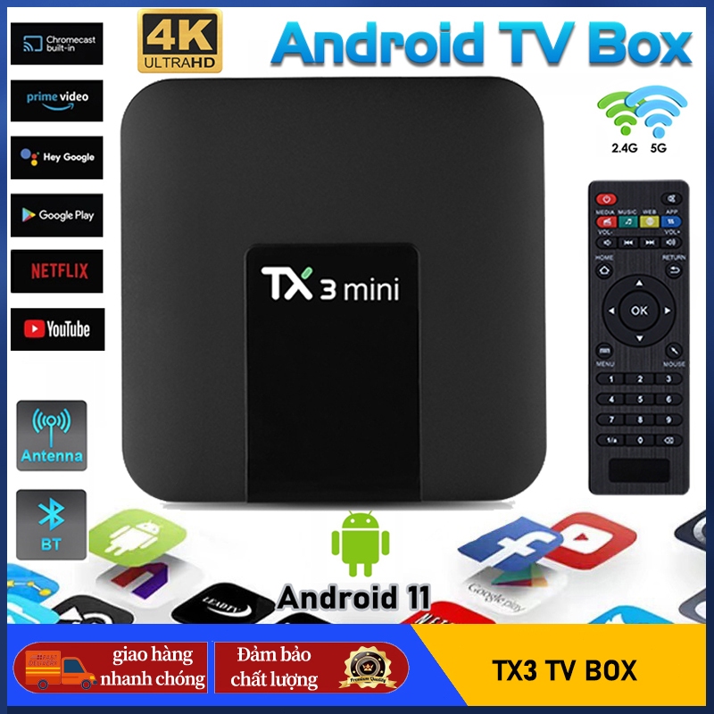 Android TV BOX TX3 Mini 4K,Dual Wifi 2.4 và 5Ghz,Hỗ trợ kết nối Bluetooth,Ram 2GB,Rom 16GB,Android 11,Amlogic S905W2