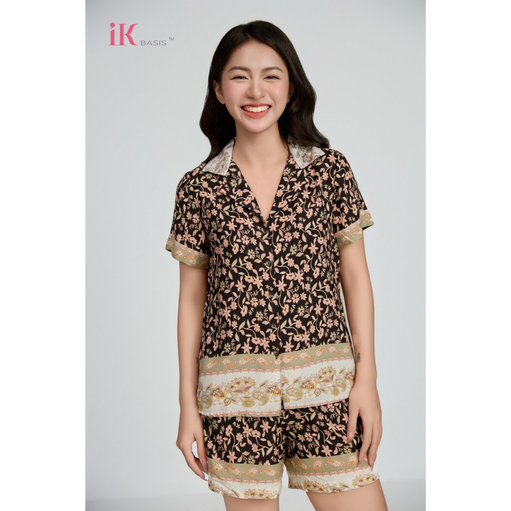 Set pijama iK lụa luxury cao cấp, họa tiết hình hoa văn độc đáo sang chảnh, kiểu áo cộc quần đùi, ch