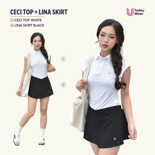 Set bộ đồ thể thao nữ áo polo Ceci Top trắng mix chân váy Lina Skirt đen Today U Wear