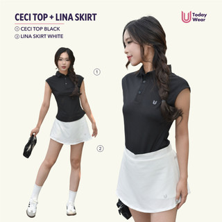 Set bộ đồ thể thao nữ áo polo Ceci Top đen mix chân váy Lina Skirt trắng Today U Wear
