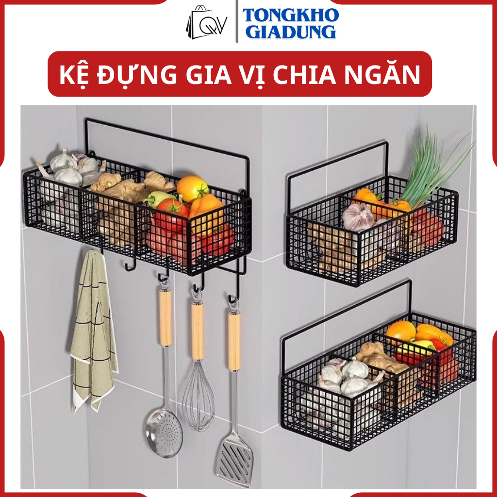 Kệ gia vị 3 ngăn nhà bếp dán tường đa năng, giá đựng gia vị hành tỏi treo tường chia ngăn.