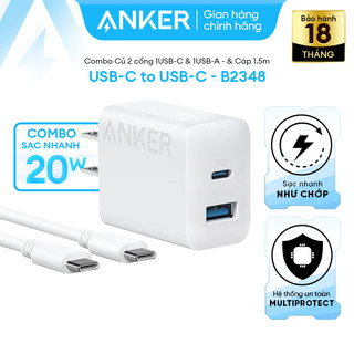  Combo Củ sạc nhanh Anker | 2 cổng 1USB-C & 1USB-A | Kèm Cáp sạc USB-C to USB-C- B2348 