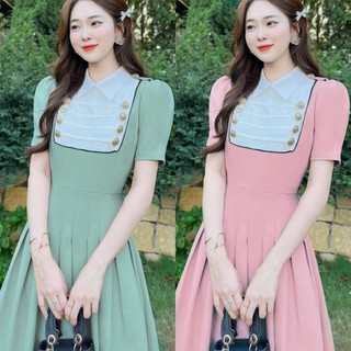 Đầm dự tiệc cổ bẻ phối nút dáng xòe tùng xếp ly
