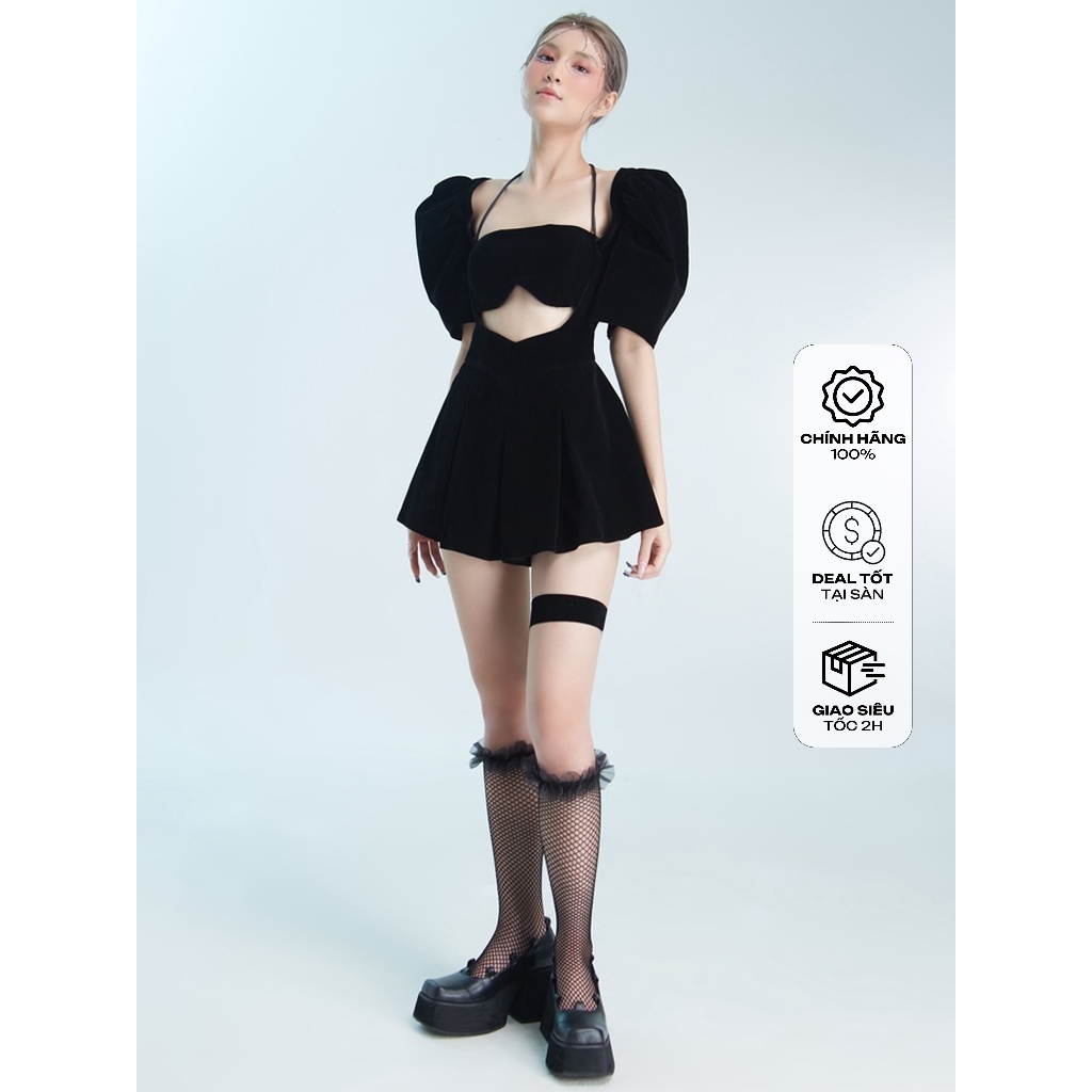  Jumpsuit nữ áo liền quần giả váy kèm bra “Đêm Đen” vải nhung đen đứng form - RESSES 