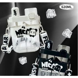 Bình đựng nước 2 ngăn 620ml cute bình đựng nước hottrend cho bé chia ngăn có dây đeo kèm ống hút và sticker xinh xắn