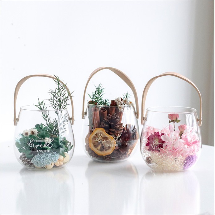 Lọ hoa thủy tinh trang trí tết, Bình hoa thủy tinh có quai xách, đồ decor phòng, trang trí nhà cửa siêu xinh GIBA