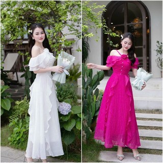 Đầm maxi đi biển kết hoa phối bèo nhiều màu sắc rực rỡ trẻ trung chất xốp nhật cao cấp