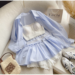 Set sơ mi kẻ sọc xanh 1 túi + crop trắng cúp ngực + short viền ren