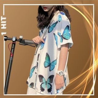 Áo Sơ Mi Tay Lỡ In Họa Tiết Bướm Xanh 1HIT_UNISEX (Trắng/Đen)