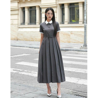 Váy nữ Elysia Dress dáng dài cổ đức phối trắng, Váy công sở chất vải đũi xước Nhật thanh lịch VVND052408 