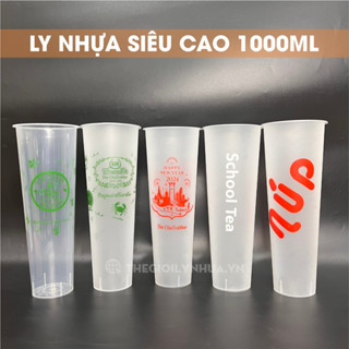 SET 50 ly nhựa 1000ml + Nắp tim trong, ly tim cứng siêu cao 1000ml, cốc tim cứng 1 lít có 2 loại ly trong và ly nhám