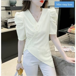 [4 màu] Áo Kiểu Nữ Hàn Quốc, Cổ V, Tay ngắn bồng,Vạt chéo, kiểu dáng thời trang đẹp,trẻ trung.
