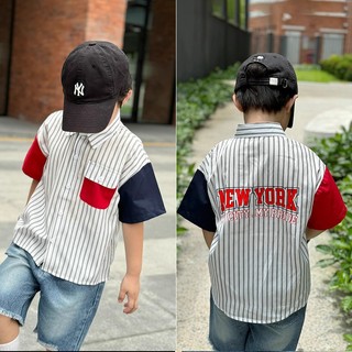 Áo sơ mi bé trai size đại Magickids áo sơ mi ngắn tay cho bé kẻ sọc in chữ kiểu Hàn Quốc quần áo trẻ em mùa hè ASM24002
