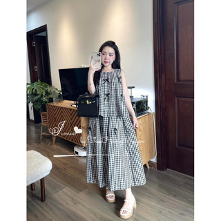 Bộ áo sát nách kẻ nơ chân váy xoè