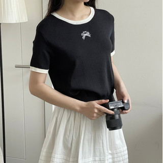 Áo kiểu nữ cổ phối màu nơ ngực paris bo gấu nhẹ, Áo thun mongtoghi nữ chất dệt kim mềm a5240541 
