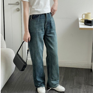 Quần jean nữ cạp tua rua dáng suông dài, Quần ống rộng viền túi chất denim mềm hàng đẹp Q5240512 
