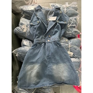 Sét váy jean quảng châu phối áo tay ngắn cổ vest cài nút cao cấp Phù Hợp Để Tới Công Sở, Đi Làm Hoặc Đi Chơi