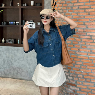Áo sơmi denim - 3078 - 2 túi hộp - tay ngắn - nút bấm