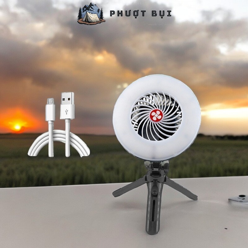 Đèn Camping, Quạt Camping năng lượng mặt trời Kèm Sạc USB mang theo đi du Lịch, cắm trại -D21