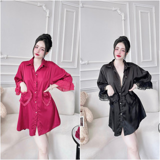 Đầm ngủ lụa sơ mi đầm mặc nhà suông rộng cài cúc trước phối ren chất latin mềm mại.