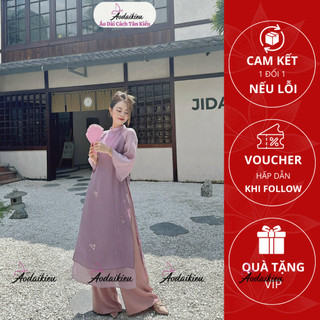 Áo dài cách tân tím thanh nhã ,chất vải voan tơ thêu hoa nổi chất mềm mát a34 áo dài cách tân kiều