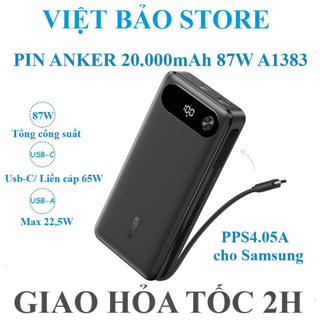 Pin sạc dự phòng Anker 20000mAh 87W liền cáp type-C A1383 sạc nhanh 65W hỗ trợ PD PPS QC