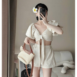 Set crop nude cột ngực tay phồng + quần ngắn