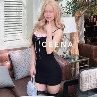 Ceena - Đầm hai dây viền bèo ôm body có đính nơ cho nữ
