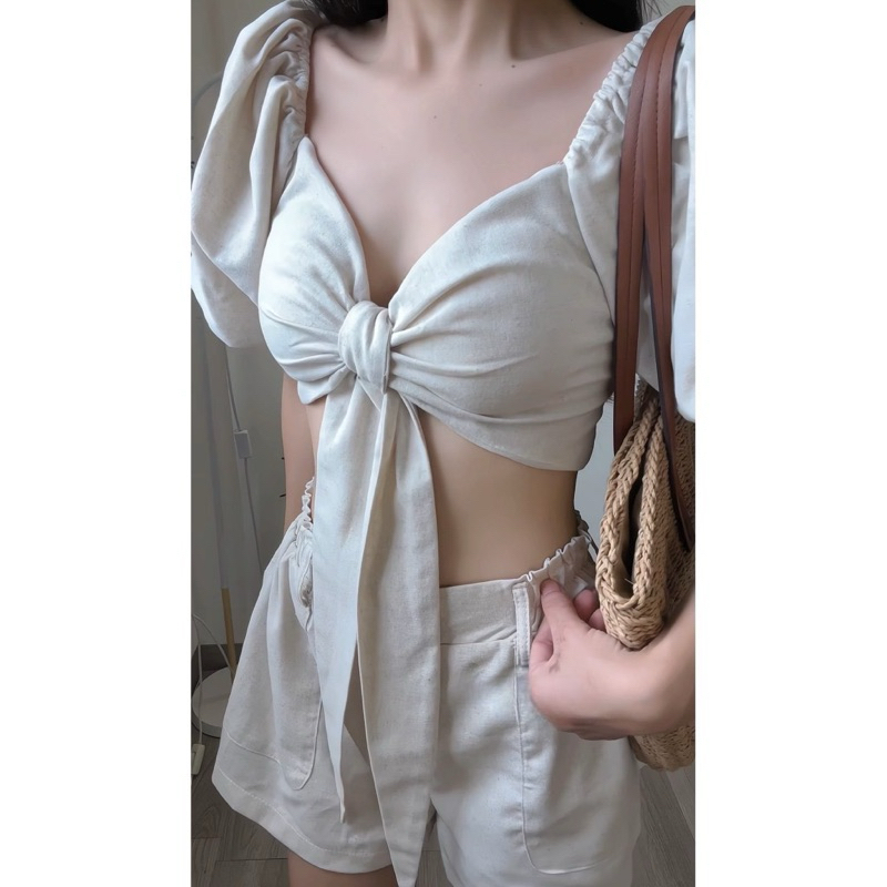 [S2.754] Set Linen Tiêu 2 Lớp Áo Thắt Nơ Ngực Có Đệm Mix Quần Đùi 2 Lớp Cạp Chun 2 Màu | BigBuy360 - bigbuy360.vn