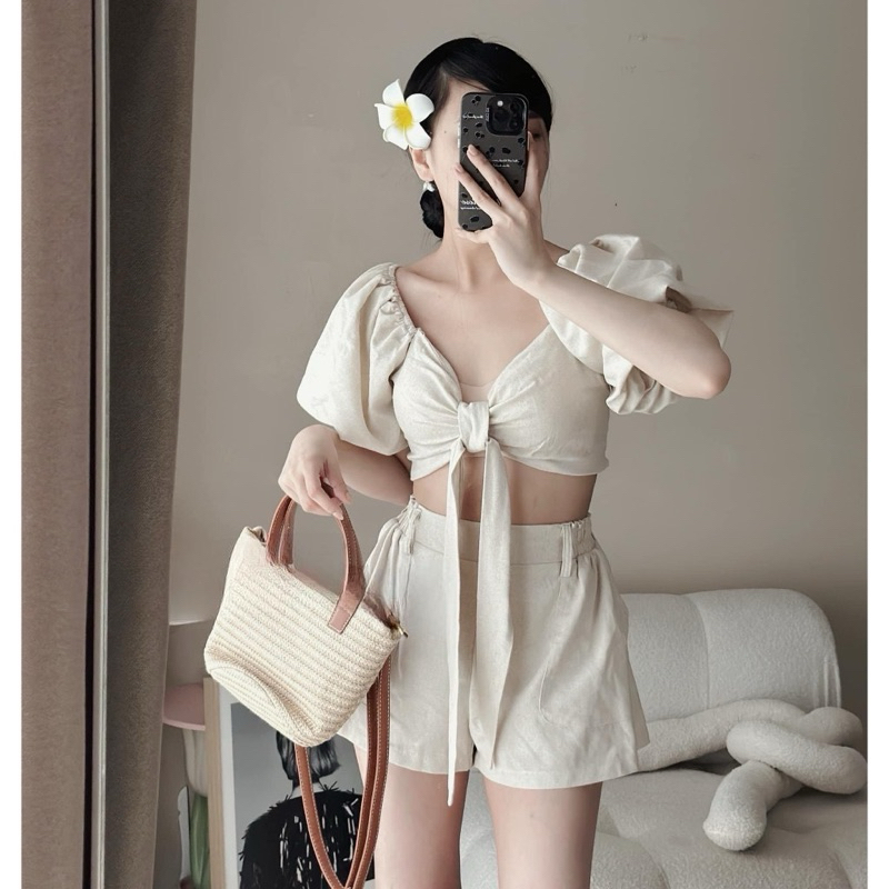 [S2.754] Set Linen Tiêu 2 Lớp Áo Thắt Nơ Ngực Có Đệm Mix Quần Đùi 2 Lớp Cạp Chun 2 Màu | BigBuy360 - bigbuy360.vn