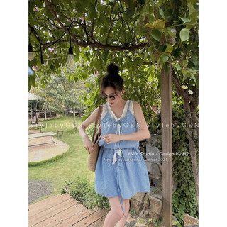 Váy Kẻ Rút Eo Phối Ren Thô