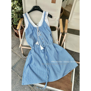 Váy Kẻ Rút Eo Phối Ren Thô