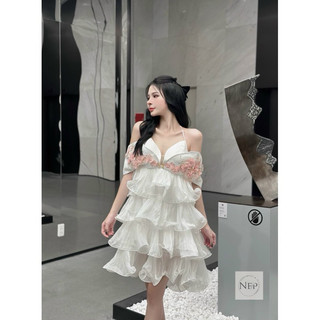ĐẦM MIDI 2S TRẮNG TẦNG DẬP LY PHỐI HOA SIZE S-M