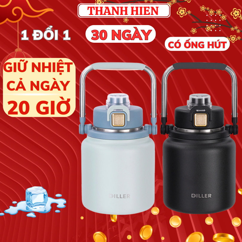Bình giữ nhiệt 1800ML béo lùn inox 304, bình nước giữ nhiệt có ống hút vòi rót và quai xách, giữ nón