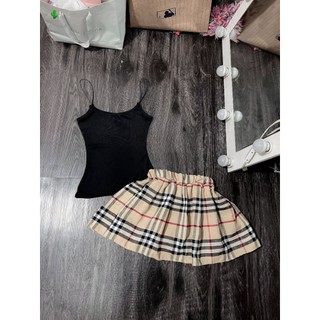 Sét bộ áo 2 dây trơn phối chân váy xếp ly caro cực sang xinh
