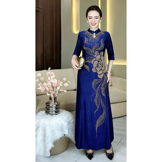  Đầm Trung Niên Dáng Dài TRẦNNGA N558 Nhũ Ép Đá từ 48-75kg 2 size Ôm gọn Thanh lịch Kinh doanh Nữ 