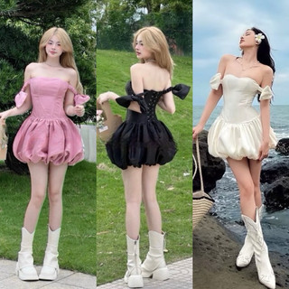 BIGSIZETIX Đầm dự tiệc tiểu thư rớt vai đính nơ thiết cúp ngực xoè phồng xinh xắn 50-90kg