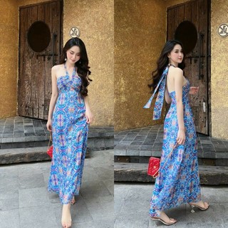 Đầm voan maxi cột dây nơ cổ chạy mocking thân sau (có mút ngực, có lót) 2 màu y hình cực sang chảnh