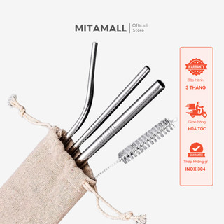 Combo ống hút inox 304 MITAMALL, ống hút thẳng, ống hút cong, ống hút trà sữa, cọ rửa và túi đựng