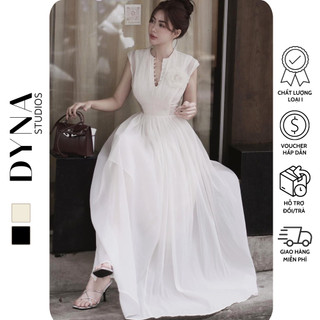 Váy tơ xoè dáng dài BAGEO chun bụng cổ nhú cúc gài kèm tag hoa rời xinh xắn