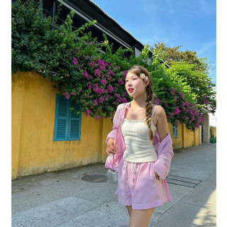(T’achi) Set sơ mi hồng kèm áo hai dây và short cùng màu