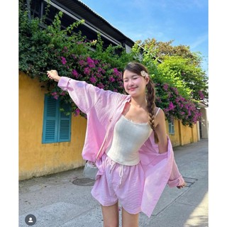Set sơ mi hồng + áo trắng 2s + short lưng thun
