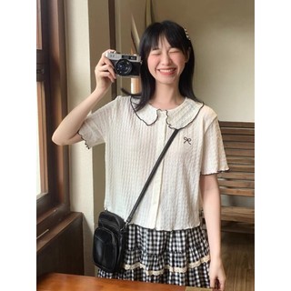 Áo sơ mi nữ cổ sen ngắn tay thêu nơ đũi xốp hàn,  áo cộc tay nữ form vừa co dãn Basic Dễ Mặc Thoải Mái (A143) huyenstore