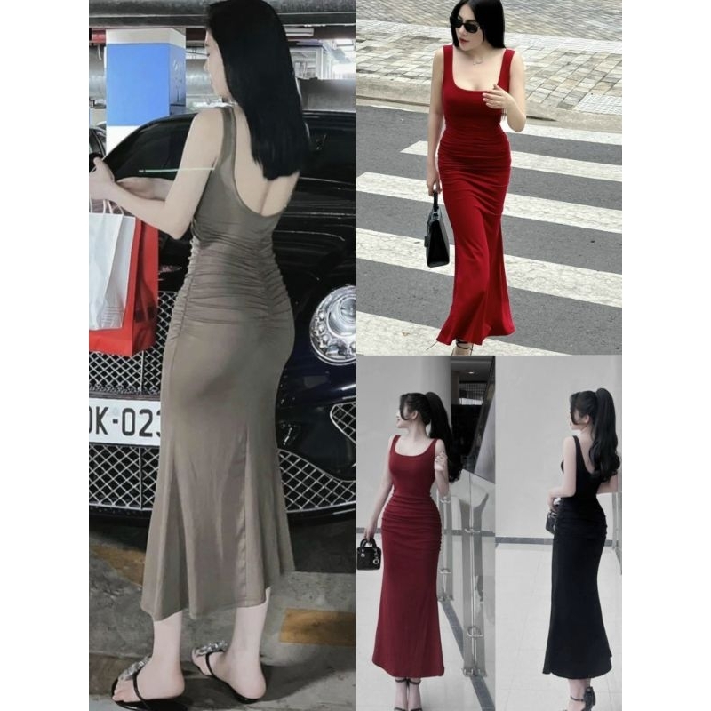 🛒 Đầm Sát Nách Ba Lỗ Cổ Vuông Hở Lưng Nhún Lưng Nhún Eo - Dáng Dài Maxi Ôm Body Sexy - Tiểu Thư Bánh Bèo Cute Sang Chảnh