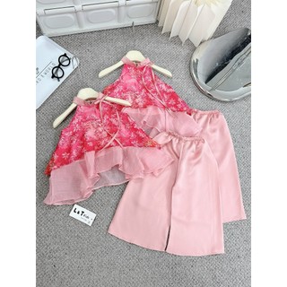 Set yếm tầng hoa hồng đính nơ kèm quần lụa cho bé gái 8-26kg