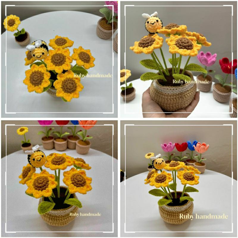 [Hình shop chup] Chậu hoa hướng dương len handmade mix ong bee
