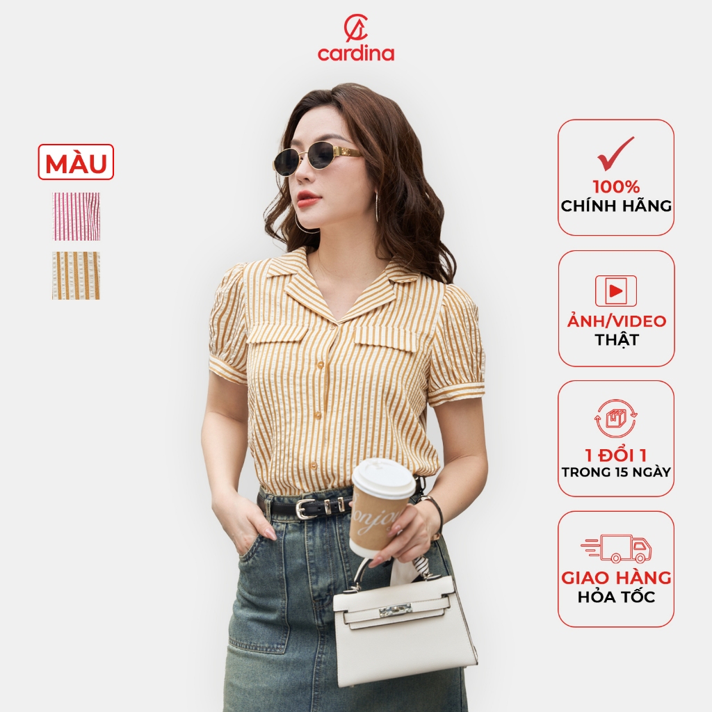 Áo sơ mi nữ CARDINA chất liệu thô kẻ kate kiểu dáng tay bồng trẻ trung lịch sự thời trang 4ASC09