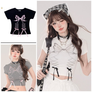 Áo croptop nữ .Áo thun from babytee tay ngắn cổ 3 phân đính nơ coquette in butterfly .From ôm body