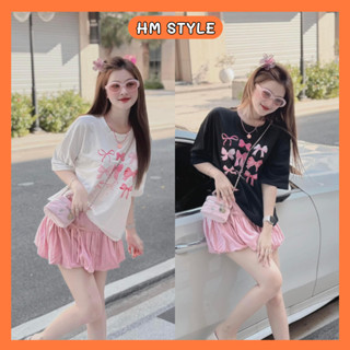 Set áo bộ áo thun nữ in nơ hồng + chân váy hồng dáng bí phồng sang chảnh chất thô Hàn HB233