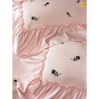 Set Chăn Ga Gối Phi Lụa Viền Bèo Thêu Hoa Hồng (Set 4 món)